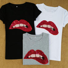 Load image into Gallery viewer, new women sequins lips round neck short-sleeved T-shirt camisetas mujer
