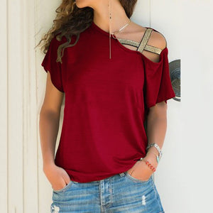 plus size Women 2020 Summer T-shirt Criss Cross Short Sleeves Tshirt Sexy One Shoulder Solid Tops Blusa Casual Loose T Shirt Tee