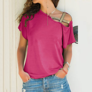 plus size Women 2020 Summer T-shirt Criss Cross Short Sleeves Tshirt Sexy One Shoulder Solid Tops Blusa Casual Loose T Shirt Tee