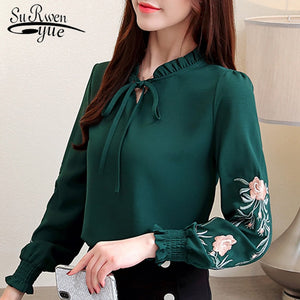 plus size women tops floral embroidery chiffon blouse shirt fashion womens tops and blouses 2019 long sleeve women shirt 1645 50