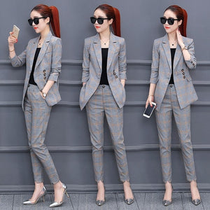 Spring and Autumn new women's fashion plaid suit suits female Korean version of the nine pants temperament two-piece suit