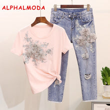 Load image into Gallery viewer, ALPHALMODA Heavy Work Embroidery Flower Tshirts + Jeans Women Summer 2pcs Fashion Suits Vogue Stylish European Fashion Sets