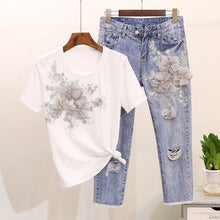 Load image into Gallery viewer, ALPHALMODA Heavy Work Embroidery Flower Tshirts + Jeans Women Summer 2pcs Fashion Suits Vogue Stylish European Fashion Sets