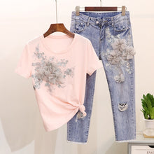 Load image into Gallery viewer, ALPHALMODA Heavy Work Embroidery Flower Tshirts + Jeans Women Summer 2pcs Fashion Suits Vogue Stylish European Fashion Sets