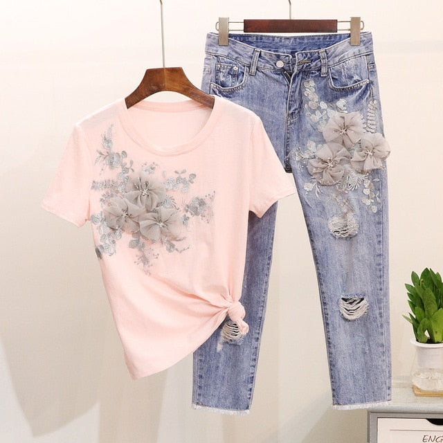 ALPHALMODA Heavy Work Embroidery Flower Tshirts + Jeans Women Summer 2pcs Fashion Suits Vogue Stylish European Fashion Sets