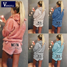 Load image into Gallery viewer, Vangull Women Two Piece Set 2018 New Autumn Winter Pajamas Warm Coral Velvet Suit Sleepwear Cute Cat Pattern Hoodies Shorts set