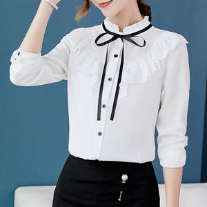 Autumn 2018 Women White Shirt Long Sleeve Shirt Korean Ruffles Women Clothing Streetwear Slim Chiffon Blouse Elegant Women Tops