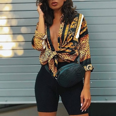 2018 Autumn Women Elegant Party Loose Button Shirt Turn-down Collar Female Leopard Print Knot Front Long Sleeve Blouse