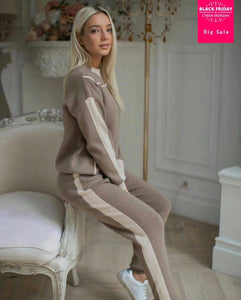 Fashion brand Winter Woolen and Cashmere Knitted warm Suit hit color Sweater + Mink Cashmere Trousers Leisure Two-piece wj1296