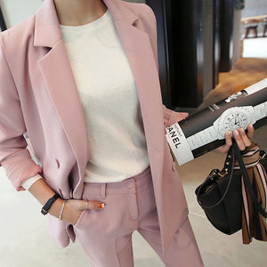 Set female autumn new style was thin double-breasted temperament pink small suit jacket + casual elegant nine pants 2-piece set