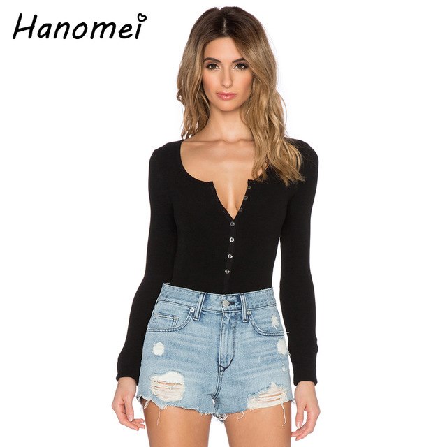 New Fashion Single Breasted Slim Black Bodysuit Lingerie 2019 Buttons Long Sleeve Sexy Tops V Neck Body Suit Shirt Women T166