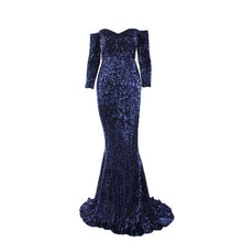 Load image into Gallery viewer, Sequined Maxi Dresses Champagne Gold Navy Blue Floor Length Party Dresses Sexy Maxi Dress Evening Gown Dress Off The Shoulder