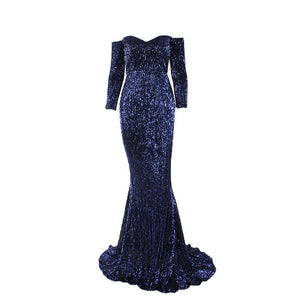 Sequined Maxi Dresses Champagne Gold Navy Blue Floor Length Party Dresses Sexy Maxi Dress Evening Gown Dress Off The Shoulder