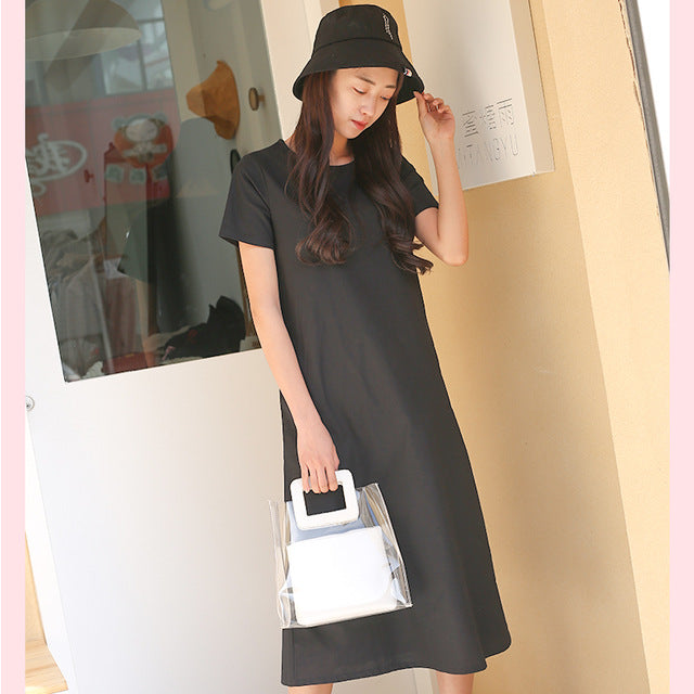 summer new women's maxi dress solid color Work Business Casual Party round neck loose  short sleeve over the knee A word dress