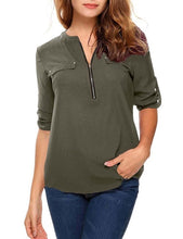 Load image into Gallery viewer, t shirt women tshirt vintage new Europe women&#39;s long sleeve v-neck zipper pocket casual loose OL vestidos ropa mujer YFF6182