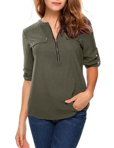 t shirt women tshirt vintage new Europe women's long sleeve v-neck zipper pocket casual loose OL vestidos ropa mujer YFF6182