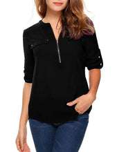 Load image into Gallery viewer, t shirt women tshirt vintage new Europe women&#39;s long sleeve v-neck zipper pocket casual loose OL vestidos ropa mujer YFF6182