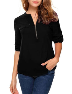 t shirt women tshirt vintage new Europe women's long sleeve v-neck zipper pocket casual loose OL vestidos ropa mujer YFF6182