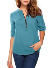Load image into Gallery viewer, t shirt women tshirt vintage new Europe women&#39;s long sleeve v-neck zipper pocket casual loose OL vestidos ropa mujer YFF6182