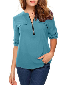 t shirt women tshirt vintage new Europe women's long sleeve v-neck zipper pocket casual loose OL vestidos ropa mujer YFF6182