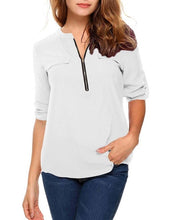 Load image into Gallery viewer, t shirt women tshirt vintage new Europe women&#39;s long sleeve v-neck zipper pocket casual loose OL vestidos ropa mujer YFF6182