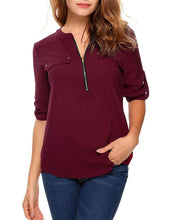 Load image into Gallery viewer, t shirt women tshirt vintage new Europe women&#39;s long sleeve v-neck zipper pocket casual loose OL vestidos ropa mujer YFF6182