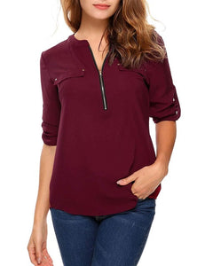 t shirt women tshirt vintage new Europe women's long sleeve v-neck zipper pocket casual loose OL vestidos ropa mujer YFF6182