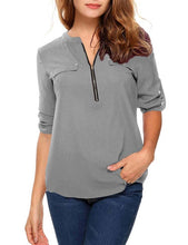 Load image into Gallery viewer, t shirt women tshirt vintage new Europe women&#39;s long sleeve v-neck zipper pocket casual loose OL vestidos ropa mujer YFF6182