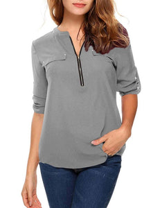 t shirt women tshirt vintage new Europe women's long sleeve v-neck zipper pocket casual loose OL vestidos ropa mujer YFF6182