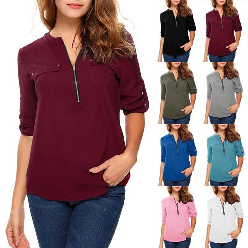 t shirt women tshirt vintage new Europe women's long sleeve v-neck zipper pocket casual loose OL vestidos ropa mujer YFF6182