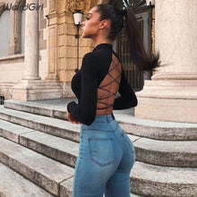 Load image into Gallery viewer, weirdgirl womon cotton hollow out sexy tshirt bandage backless long sleeve tops Harajuku slim bodycon streetwear knitted tees